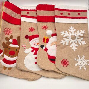 Christmas Stockings -Set of 4 – Santa Snowman Reindeer Felt Burlap Holiday Decor